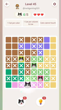 Meowdoku Level 45 step 4 screenshot showing the cat placement at D8 with 4 of 8 cats visible on the board.