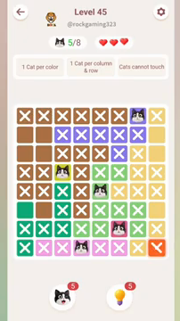Meowdoku Level 45 step 5 screenshot showing the cat placement at G1 with 5 of 8 cats visible on the board.