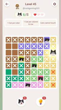 Meowdoku Level 45 step 6 screenshot showing the cat placement at H3 with 6 of 8 cats visible on the board.