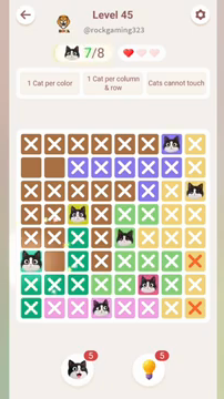 Meowdoku Level 45 step 7 screenshot showing the cat placement at A6 with 7 of 8 cats visible on the board.