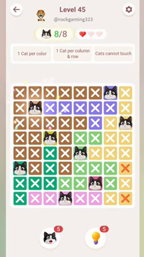 Meowdoku Level 45 step 8 screenshot showing the cat placement at B2 with 8 of 8 cats visible on the board.