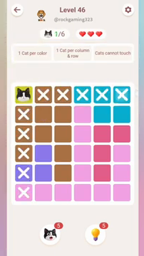 Meowdoku Level 46 step 1 screenshot showing the cat placement at A1 with 1 of 6 cats visible on the board.