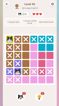 Meowdoku Level 46 step 2 screenshot showing the cat placement at B5 with 2 of 6 cats visible on the board.