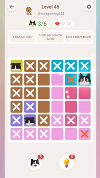 Meowdoku Level 46 step 3 screenshot showing the cat placement at F2 with 3 of 6 cats visible on the board.
