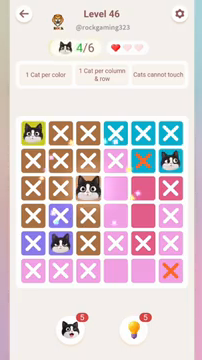 Meowdoku Level 46 step 4 screenshot showing the cat placement at C3 with 4 of 6 cats visible on the board.