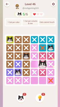 Meowdoku Level 46 step 5 screenshot showing the cat placement at E4 with 5 of 6 cats visible on the board.