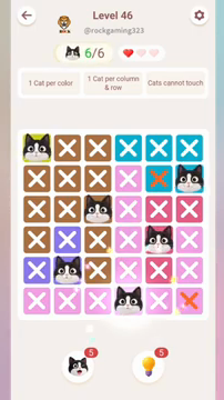 Meowdoku Level 46 step 6 screenshot showing the cat placement at D6 with 6 of 6 cats visible on the board.