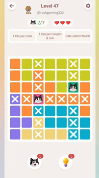 Meowdoku Level 47 step 2 screenshot showing the cat placement at C4 with 2 of 7 cats visible on the board.