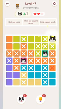 Meowdoku Level 47 step 3 screenshot showing the cat placement at G1 with 3 of 7 cats visible on the board.
