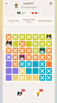 Meowdoku Level 47 step 4 screenshot showing the cat placement at A2 with 4 of 7 cats visible on the board.
