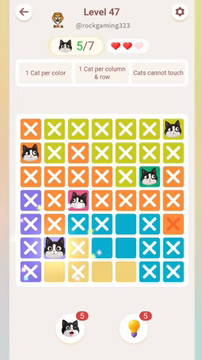 Meowdoku Level 47 step 5 screenshot showing the cat placement at B6 with 5 of 7 cats visible on the board.