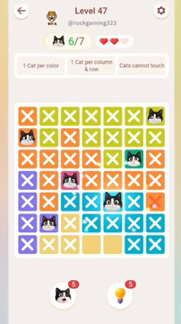 Meowdoku Level 47 step 6 screenshot showing the cat placement at E5 with 6 of 7 cats visible on the board.