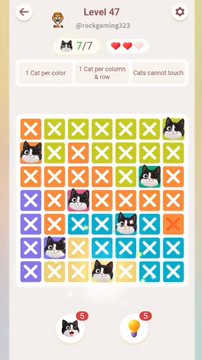 Meowdoku Level 47 step 7 screenshot showing the cat placement at D7 with 7 of 7 cats visible on the board.
