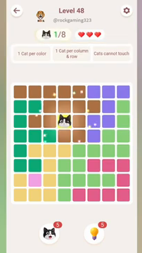 Meowdoku Level 48 step 1 screenshot showing the cat placement at D3 with 1 of 8 cats visible on the board.