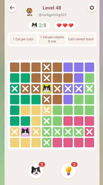 Meowdoku Level 48 step 2 screenshot showing the cat placement at B7 with 2 of 8 cats visible on the board.
