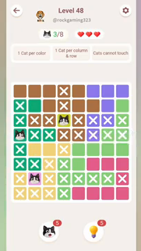 Meowdoku Level 48 step 3 screenshot showing the cat placement at A4 with 3 of 8 cats visible on the board.