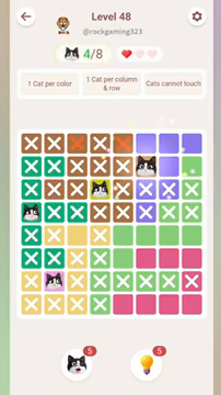 Meowdoku Level 48 step 4 screenshot showing the cat placement at F2 with 4 of 8 cats visible on the board.