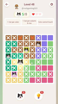 Meowdoku Level 48 step 5 screenshot showing the cat placement at C5 with 5 of 8 cats visible on the board.