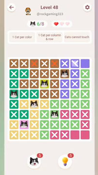Meowdoku Level 48 step 6 screenshot showing the cat placement at E6 with 6 of 8 cats visible on the board.