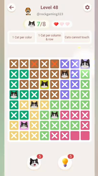 Meowdoku Level 48 step 7 screenshot showing the cat placement at H1 with 7 of 8 cats visible on the board.