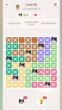 Meowdoku Level 48 step 8 screenshot showing the cat placement at G8 with 8 of 8 cats visible on the board.