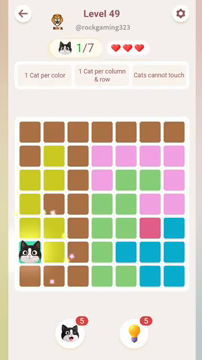 Meowdoku Level 49 step 1 screenshot showing the cat placement at A6 with 1 of 7 cats visible on the board.