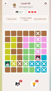 Meowdoku Level 49 step 2 screenshot showing the cat placement at F5 with 2 of 7 cats visible on the board.