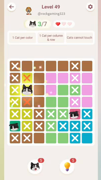 Meowdoku Level 49 step 3 screenshot showing the cat placement at B3 with 3 of 7 cats visible on the board.