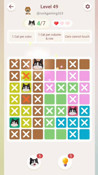 Meowdoku Level 49 step 4 screenshot showing the cat placement at C1 with 4 of 7 cats visible on the board.