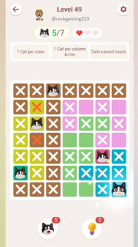 Meowdoku Level 49 step 5 screenshot showing the cat placement at G7 with 5 of 7 cats visible on the board.