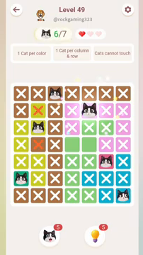 Meowdoku Level 49 step 6 screenshot showing the cat placement at E2 with 6 of 7 cats visible on the board.