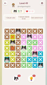 Meowdoku Level 49 step 7 screenshot showing the cat placement at D4 with 7 of 7 cats visible on the board.