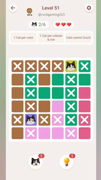 Meowdoku Level 51 step 2 screenshot showing the cat placement at B5 with 2 of 6 cats visible on the board.