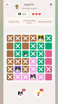 Meowdoku Level 51 step 3 screenshot showing the cat placement at D6 with 4 of 6 cats visible on the board.