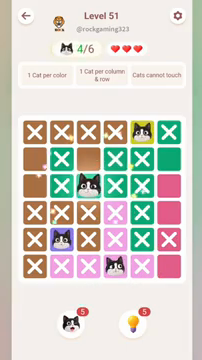 Meowdoku Level 51 step 4 screenshot showing the cat placement at C3 with 4 of 6 cats visible on the board.
