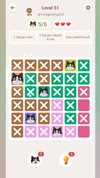 Meowdoku Level 51 step 5 screenshot showing the cat placement at A2 with 5 of 6 cats visible on the board.