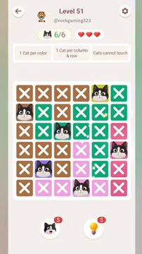 Meowdoku Level 51 step 6 screenshot showing the cat placement at F4 with 6 of 6 cats visible on the board.