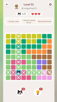 Meowdoku Level 52 step 1 screenshot showing the cat placement at C8 with 1 of 9 cats visible on the board.
