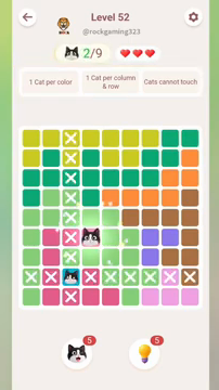 Meowdoku Level 52 step 2 screenshot showing the cat placement at D6 with 2 of 9 cats visible on the board.