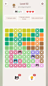 Meowdoku Level 52 step 4 screenshot showing the cat placement at G7 with 4 of 9 cats visible on the board.