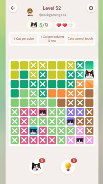 Meowdoku Level 52 step 5 screenshot showing the cat placement at I2 with 5 of 9 cats visible on the board.