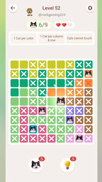Meowdoku Level 52 step 6 screenshot showing the cat placement at F5 with 6 of 9 cats visible on the board.