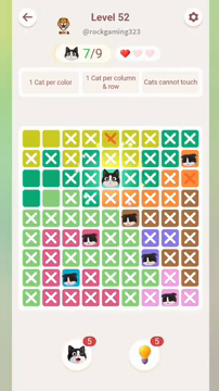 Meowdoku Level 52 step 7 screenshot showing the cat placement at E3 with 7 of 9 cats visible on the board.