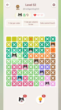 Meowdoku Level 52 step 8 screenshot showing the cat placement at B4 with 8 of 9 cats visible on the board.