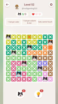 Meowdoku Level 52 step 9 screenshot showing the cat placement at A1 with 9 of 9 cats visible on the board.
