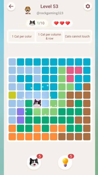 Meowdoku Level 53 step 1 screenshot showing the cat placement at D6 with 1 of 10 cats visible on the board.