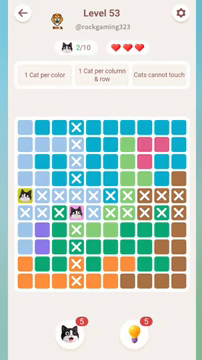 Meowdoku Level 53 step 2 screenshot showing the cat placement at A5 with 2 of 10 cats visible on the board.