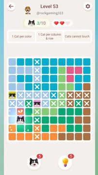 Meowdoku Level 53 step 3 screenshot showing the cat placement at B8 with 3 of 10 cats visible on the board.