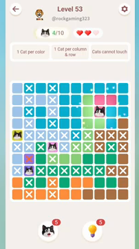Meowdoku Level 53 step 4 screenshot showing the cat placement at H3 with 4 of 10 cats visible on the board.