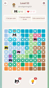 Meowdoku Level 53 step 5 screenshot showing the cat placement at C2 with 5 of 10 cats visible on the board.